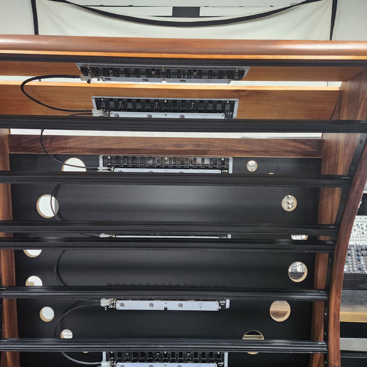 Needham Woodworks OneRUN Limited Series - 27U 9-Row 168HP Eurorack Dark Walnut Cabinet with Eskatonic Modular Obsidian Studio Active Busboards