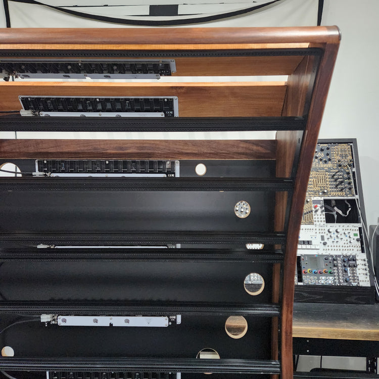 Needham Woodworks OneRUN Limited Series - 27U 9-Row 168HP Eurorack Dark Walnut Cabinet with Eskatonic Modular Obsidian Studio Active Busboards