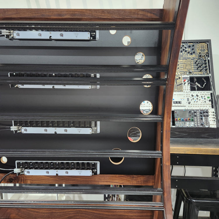 Needham Woodworks OneRUN Limited Series - 27U 9-Row 168HP Eurorack Dark Walnut Cabinet with Eskatonic Modular Obsidian Studio Active Busboards