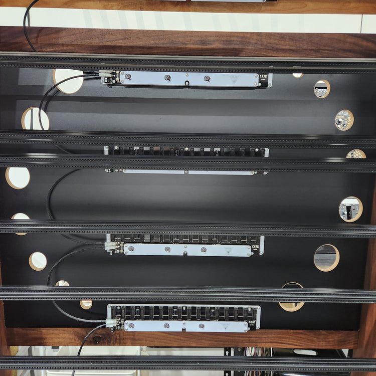 Needham Woodworks OneRUN Limited Series - 27U 9-Row 168HP Eurorack Dark Walnut Cabinet with Eskatonic Modular Obsidian Studio Active Busboards