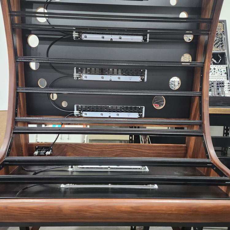 Needham Woodworks OneRUN Limited Series - 27U 9-Row 168HP Eurorack Dark Walnut Cabinet with Eskatonic Modular Obsidian Studio Active Busboards