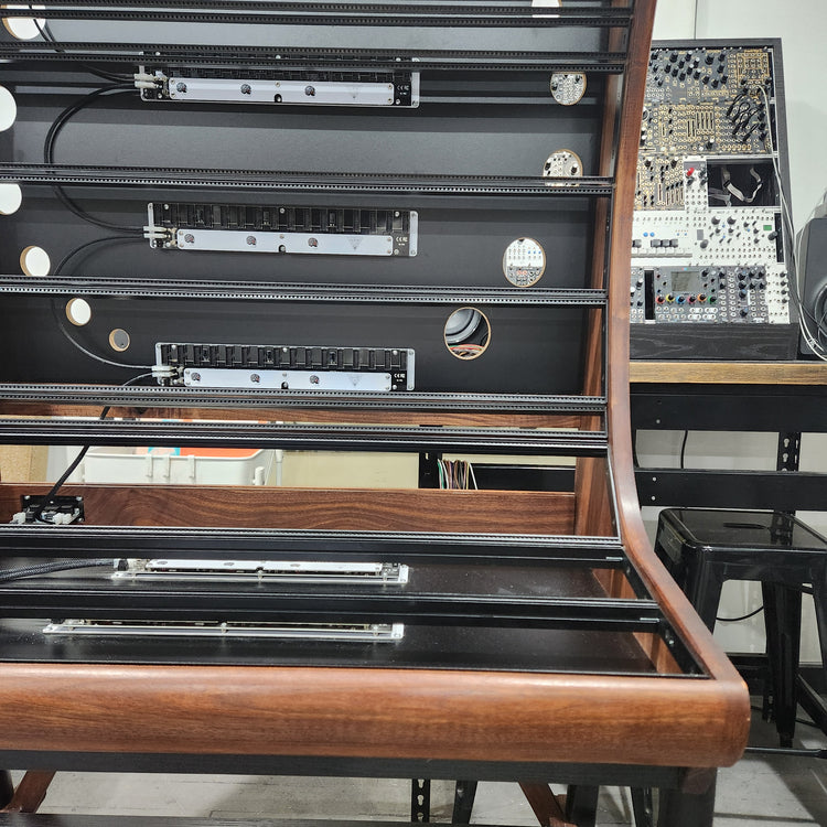 Needham Woodworks OneRUN Limited Series - 27U 9-Row 168HP Eurorack Dark Walnut Cabinet with Eskatonic Modular Obsidian Studio Active Busboards