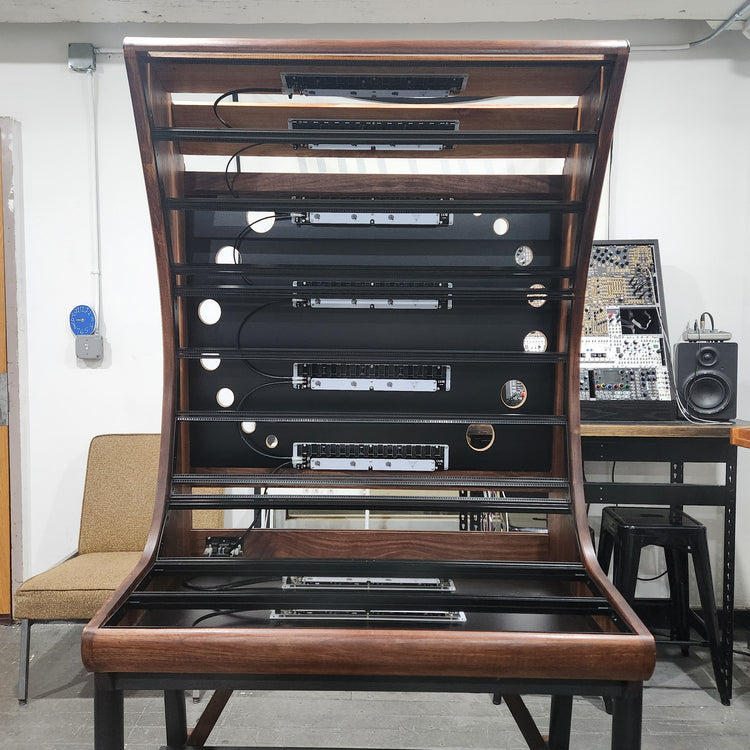 Needham Woodworks OneRUN Limited Series - 27U 9-Row 168HP Eurorack Dark Walnut Cabinet with Eskatonic Modular Obsidian Studio Active Busboards