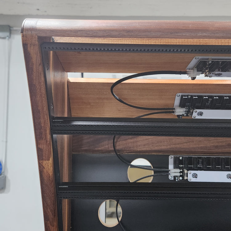 Needham Woodworks OneRUN Limited Series - 27U 9-Row 168HP Eurorack Dark Walnut Cabinet with Eskatonic Modular Obsidian Studio Active Busboards