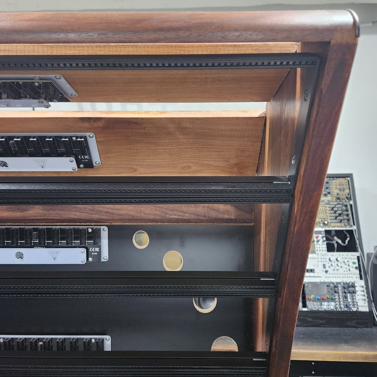Needham Woodworks OneRUN Limited Series - 27U 9-Row 168HP Eurorack Dark Walnut Cabinet with Eskatonic Modular Obsidian Studio Active Busboards