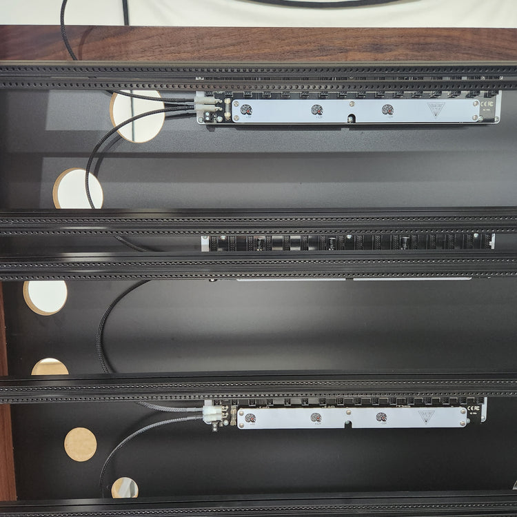 Needham Woodworks OneRUN Limited Series - 27U 9-Row 168HP Eurorack Dark Walnut Cabinet with Eskatonic Modular Obsidian Studio Active Busboards