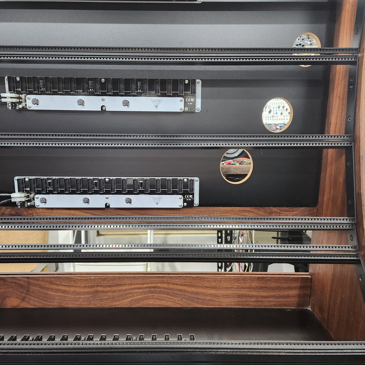 Needham Woodworks OneRUN Limited Series - 27U 9-Row 168HP Eurorack Dark Walnut Cabinet with Eskatonic Modular Obsidian Studio Active Busboards