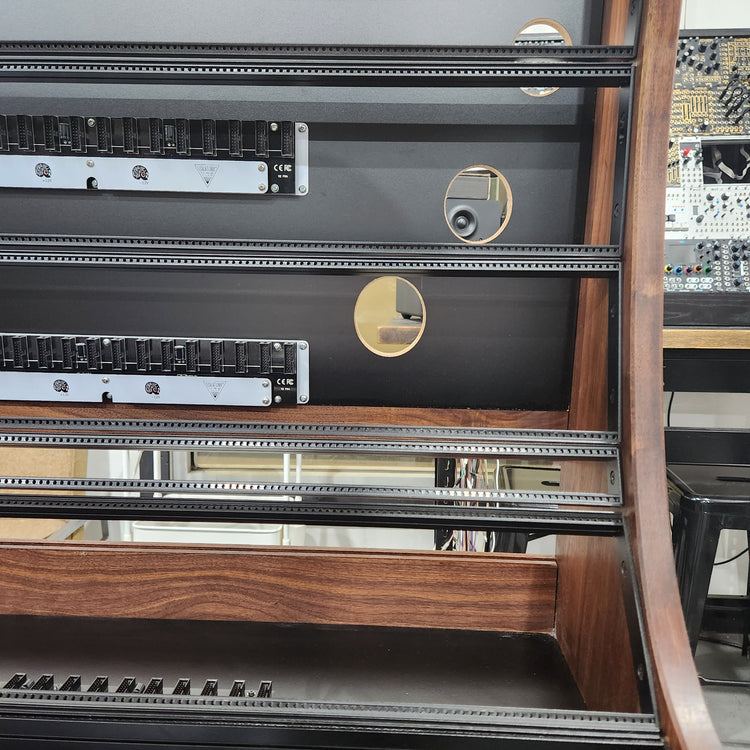Needham Woodworks OneRUN Limited Series - 27U 9-Row 168HP Eurorack Dark Walnut Cabinet with Eskatonic Modular Obsidian Studio Active Busboards